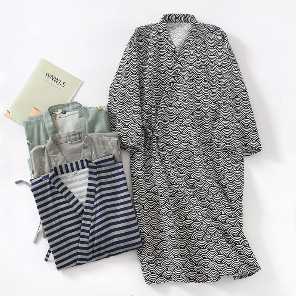 Kimono Yukata Cotton - Мужской халат-кимоно с V-образным вырезом, свободный,
